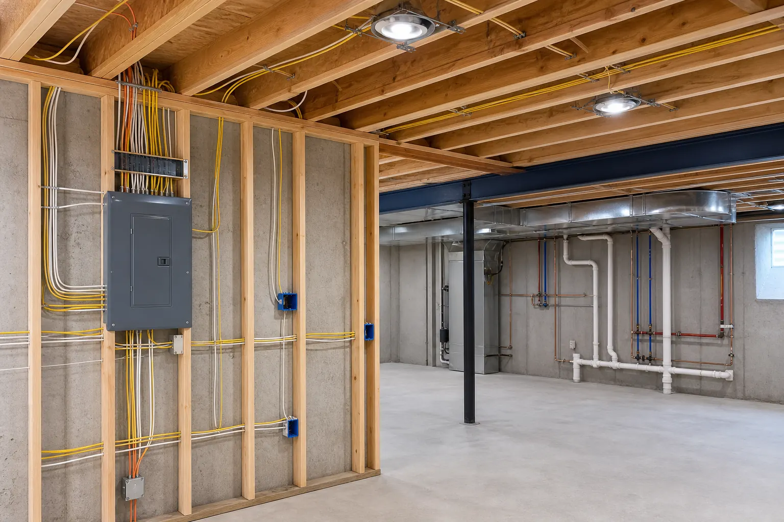 Basement electrical wiring coordinated with plumbing and HVAC systems