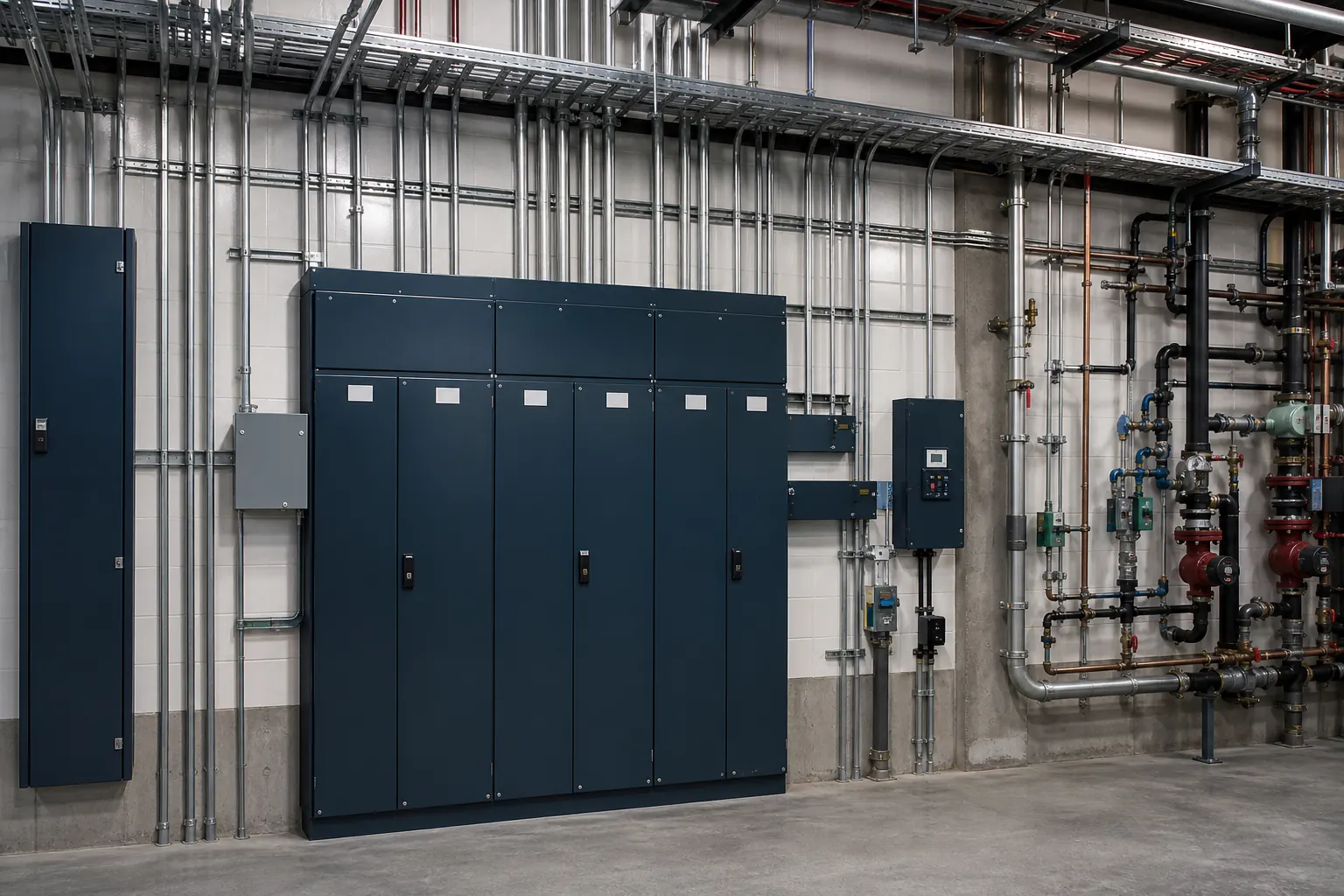Commercial mechanical room with electrical distribution and plumbing systems