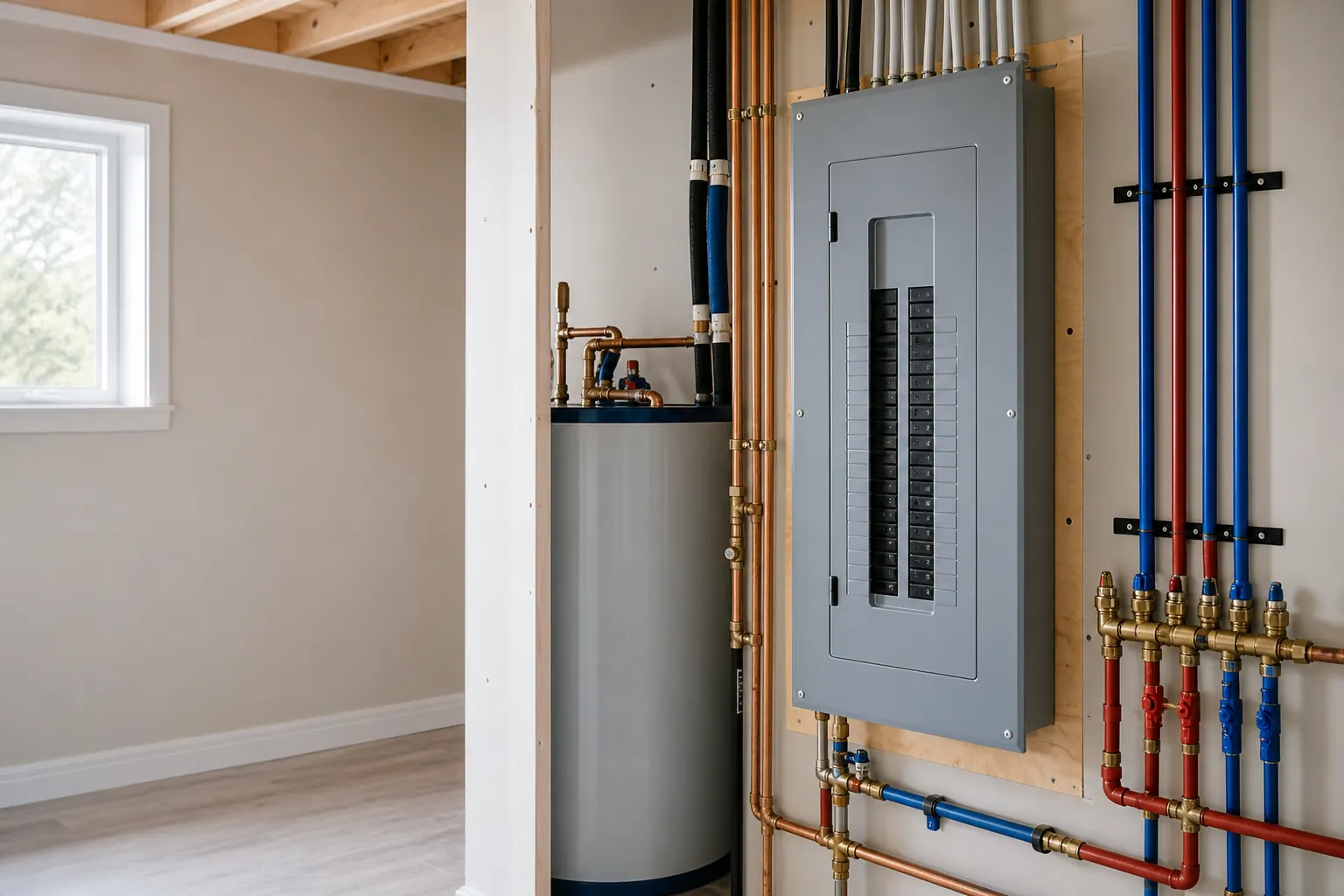 Residential electrical panel and plumbing infrastructure during a renovation