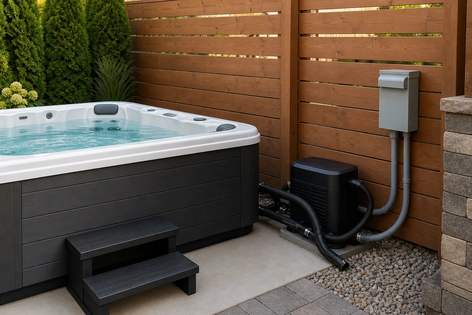 Hot tub equipment with protected electrical disconnect and plumbing connections