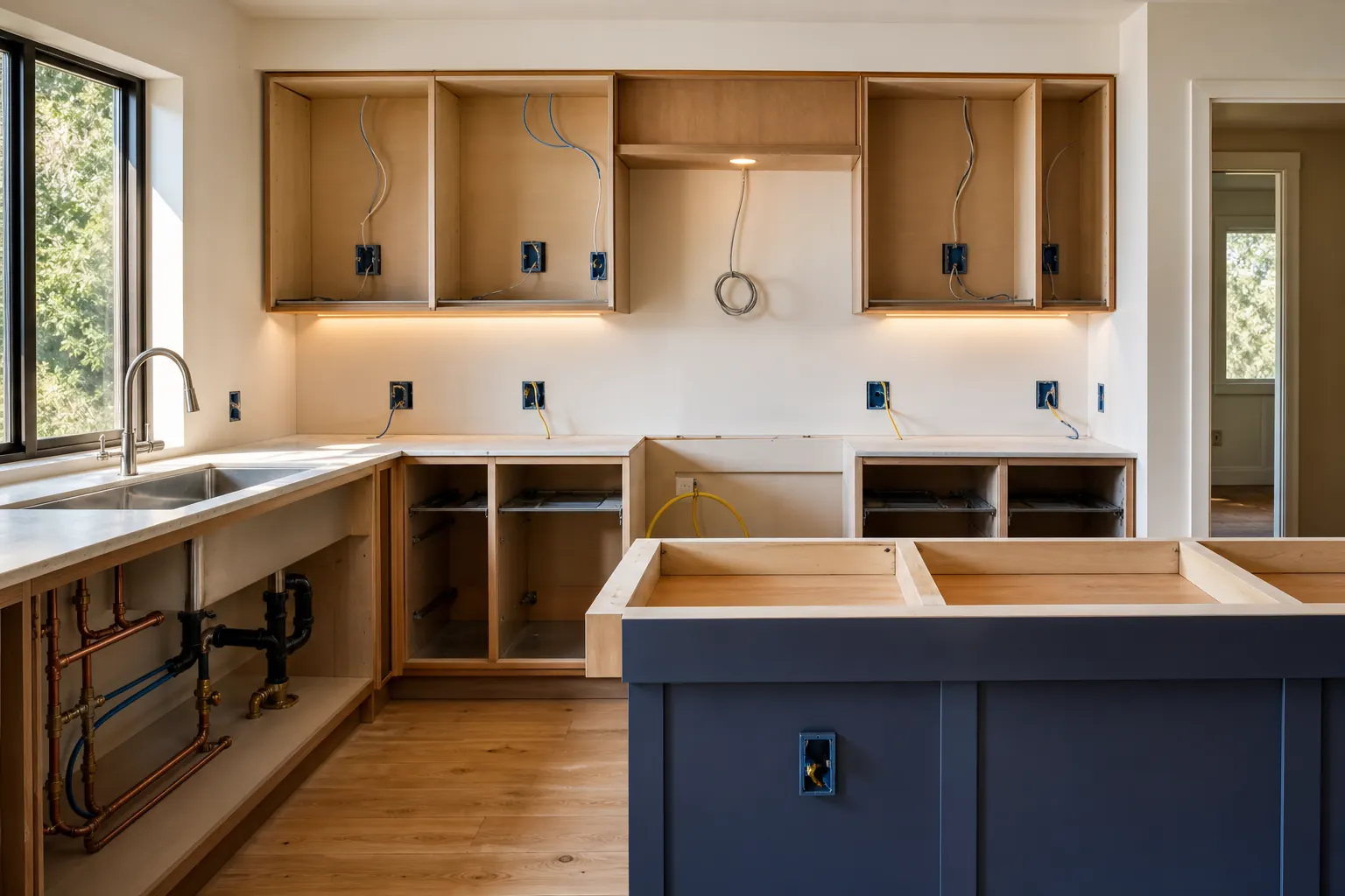 Kitchen renovation with electrical rough-in and coordinated sink plumbing
