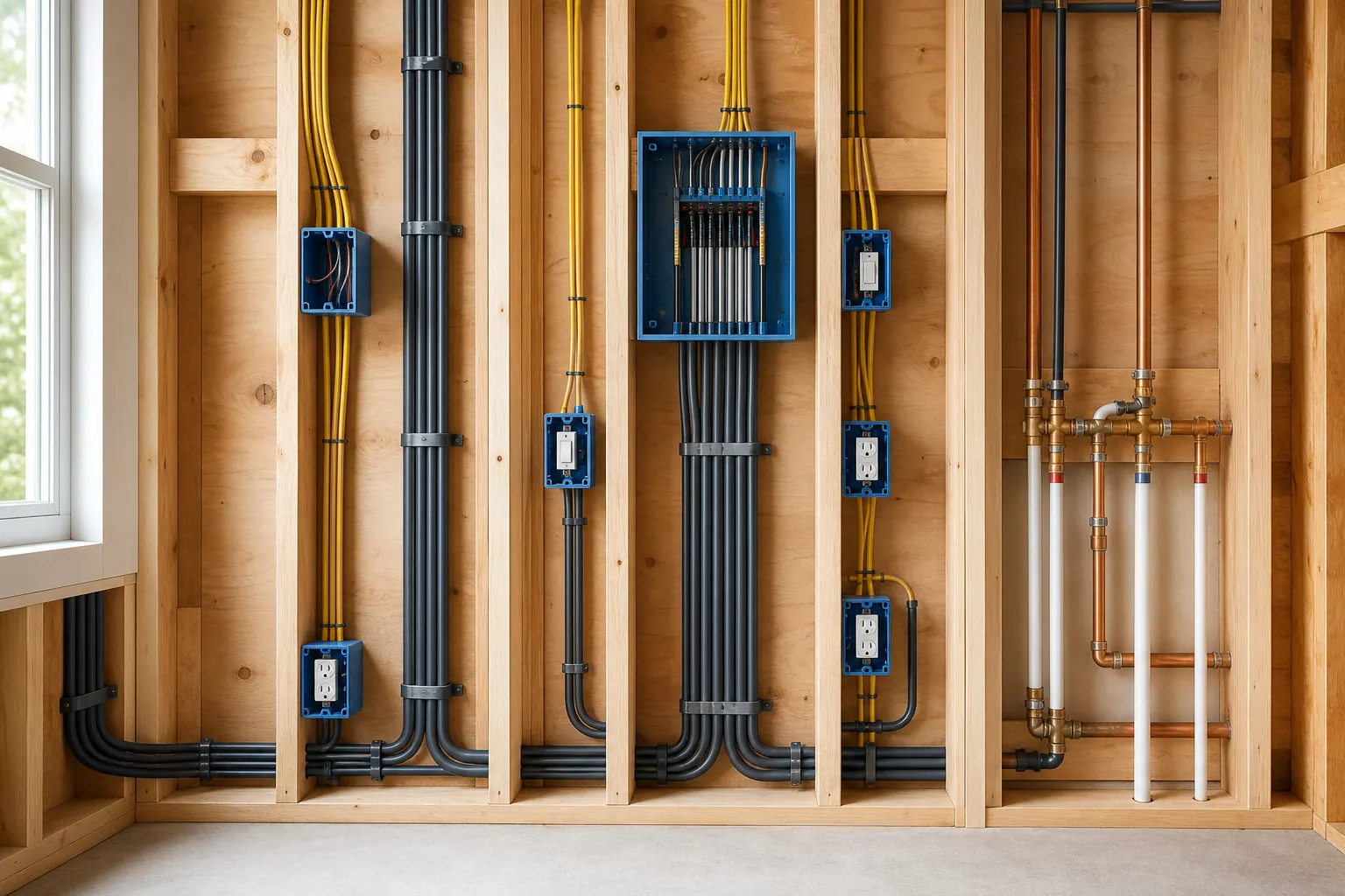 Electrical and plumbing rough-in coordinated in a residential renovation